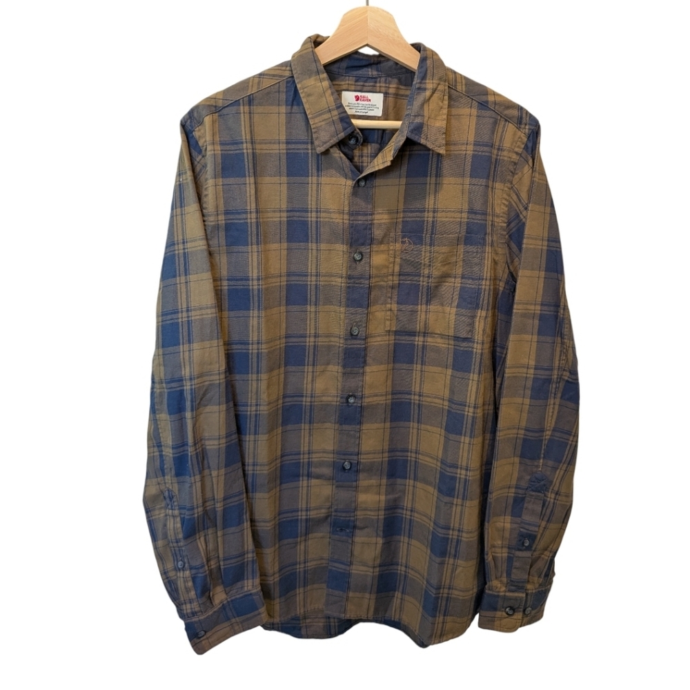 Fjallraven Ovik Flannel Shirt L Navy Tan Plaid Wool Cotton Blend Outdoor